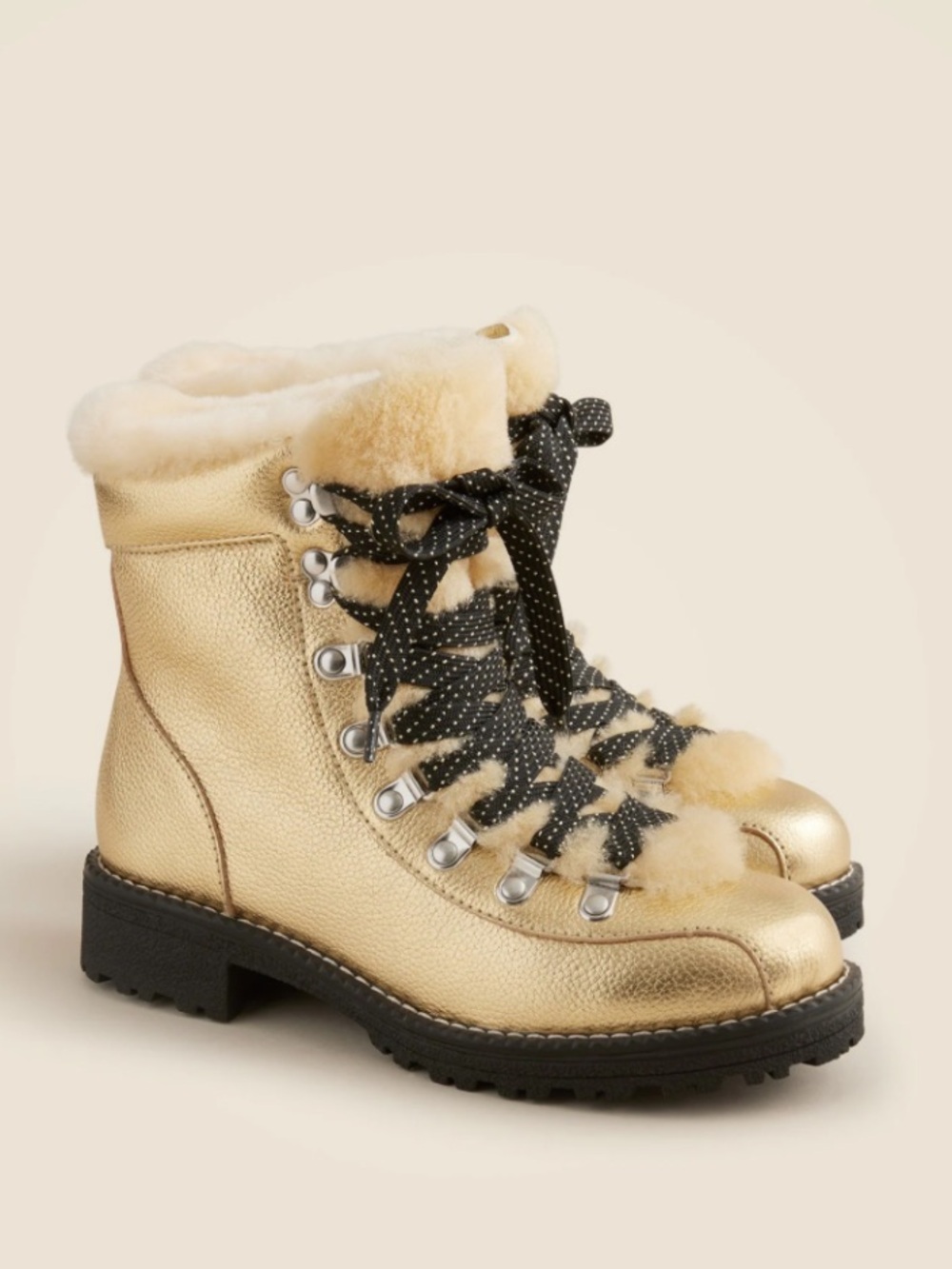 NIB J. Crew Metallic Gold Leather Shearling-Lined Hiker Boots with Black Laces
